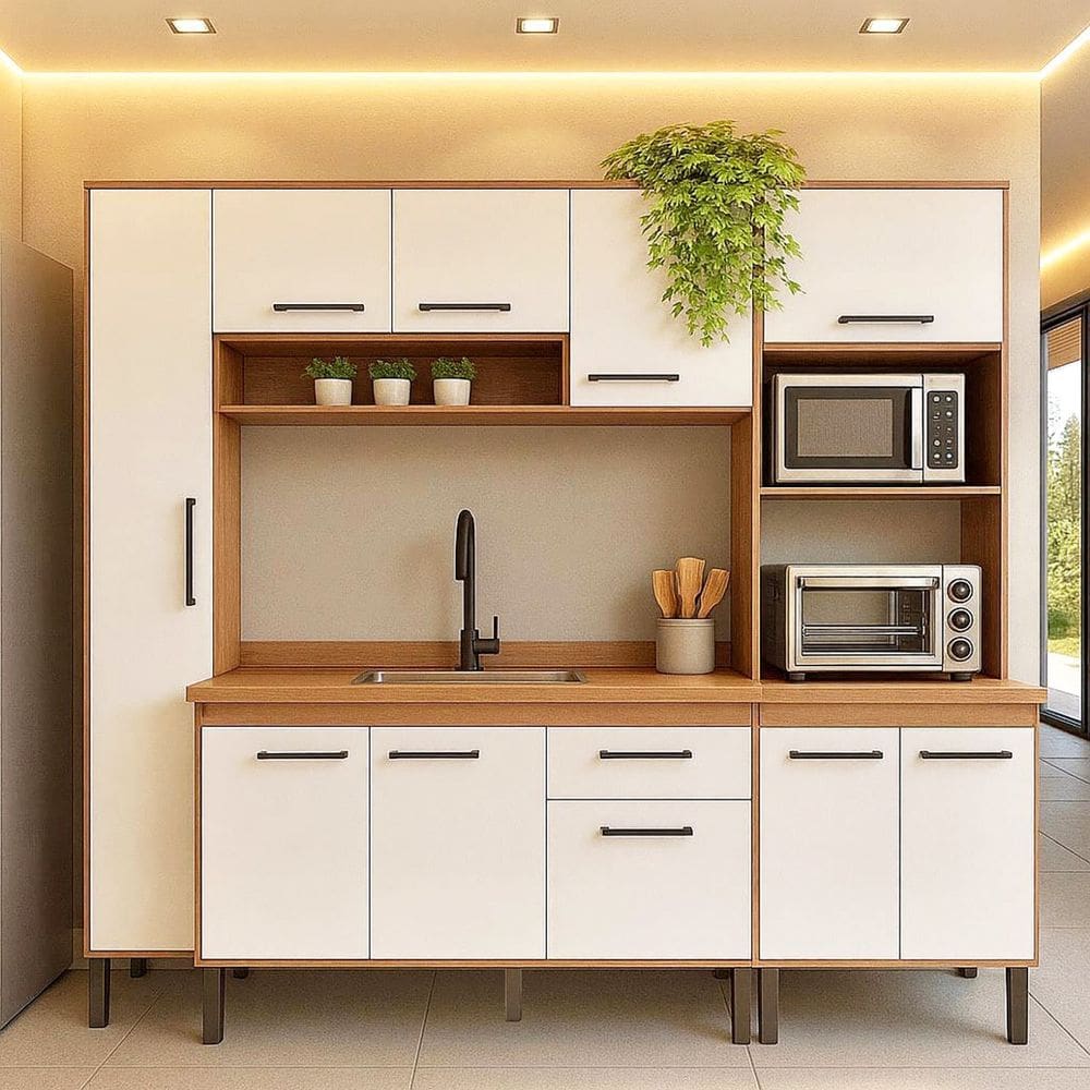 Cozinha Compacta Modulada 4 Peças com Torre Quente e Paneleiro Realeza Manchester / Branco