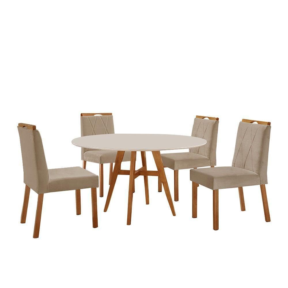 Conjunto Sala De Jantar Mesa Atenas 110cm Off White Com 4 Cadeiras Bela Veludo Bege