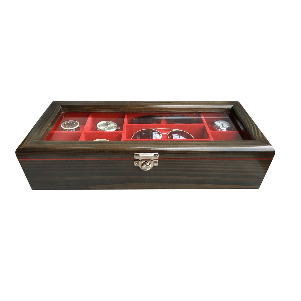 Estojo para 06Relógios 03 Óculos - Ébano Flocado de Vermelho