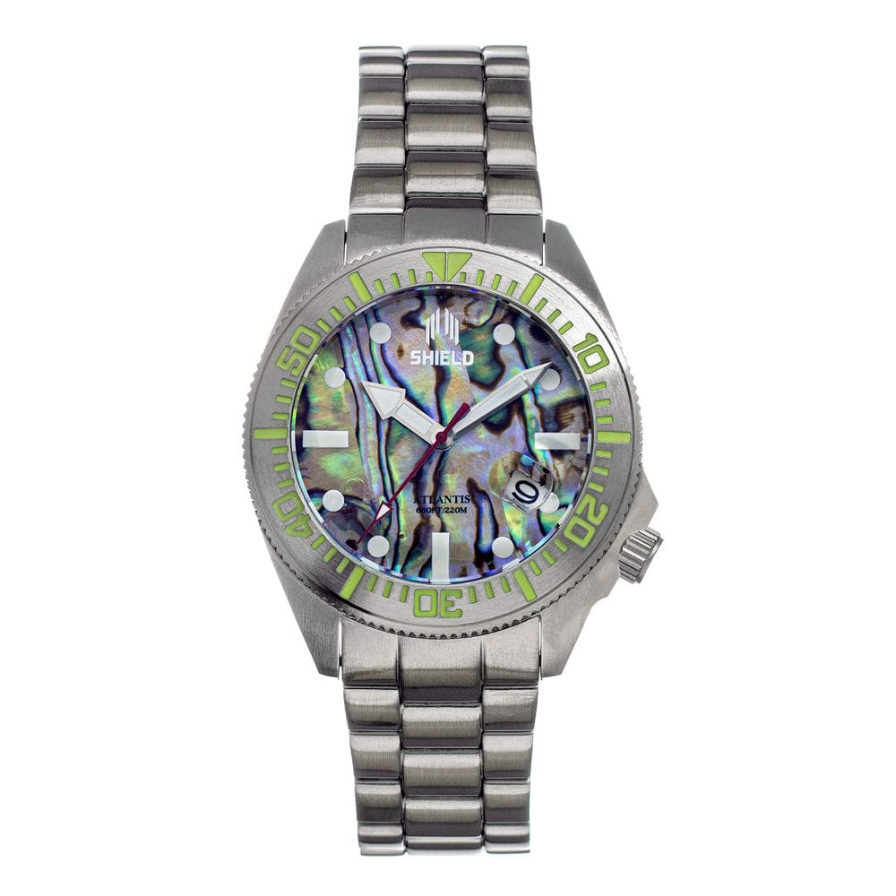 Pulseira de abalone Watch Shield Atlantis, caixa prateada de 44 mm
