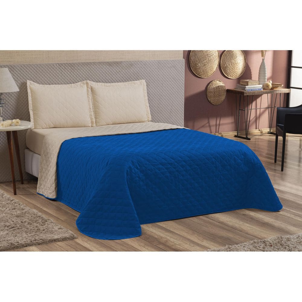 Kit Colcha Cobre Leito Queen Matelado 3 Peças Azul/Caqui