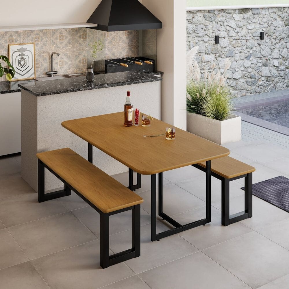 Conjunto 160x78cm Tampo em Mdf com 2 Bancos Imperatriz Preto / Marrom