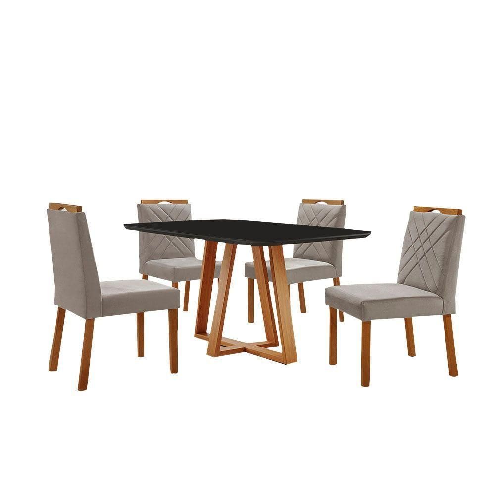 Conjunto Sala De Jantar Mesa Florença 140x80cm Preto Com 4 Cadeiras Dallas Veludo Cinza