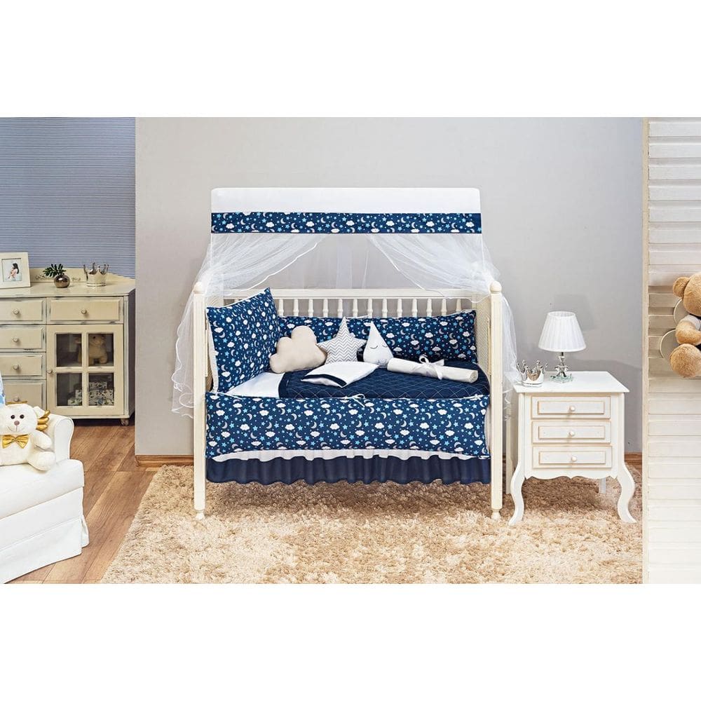 Jogo Enxoval De Berço Estampado Laterais Marinho 8 Peças