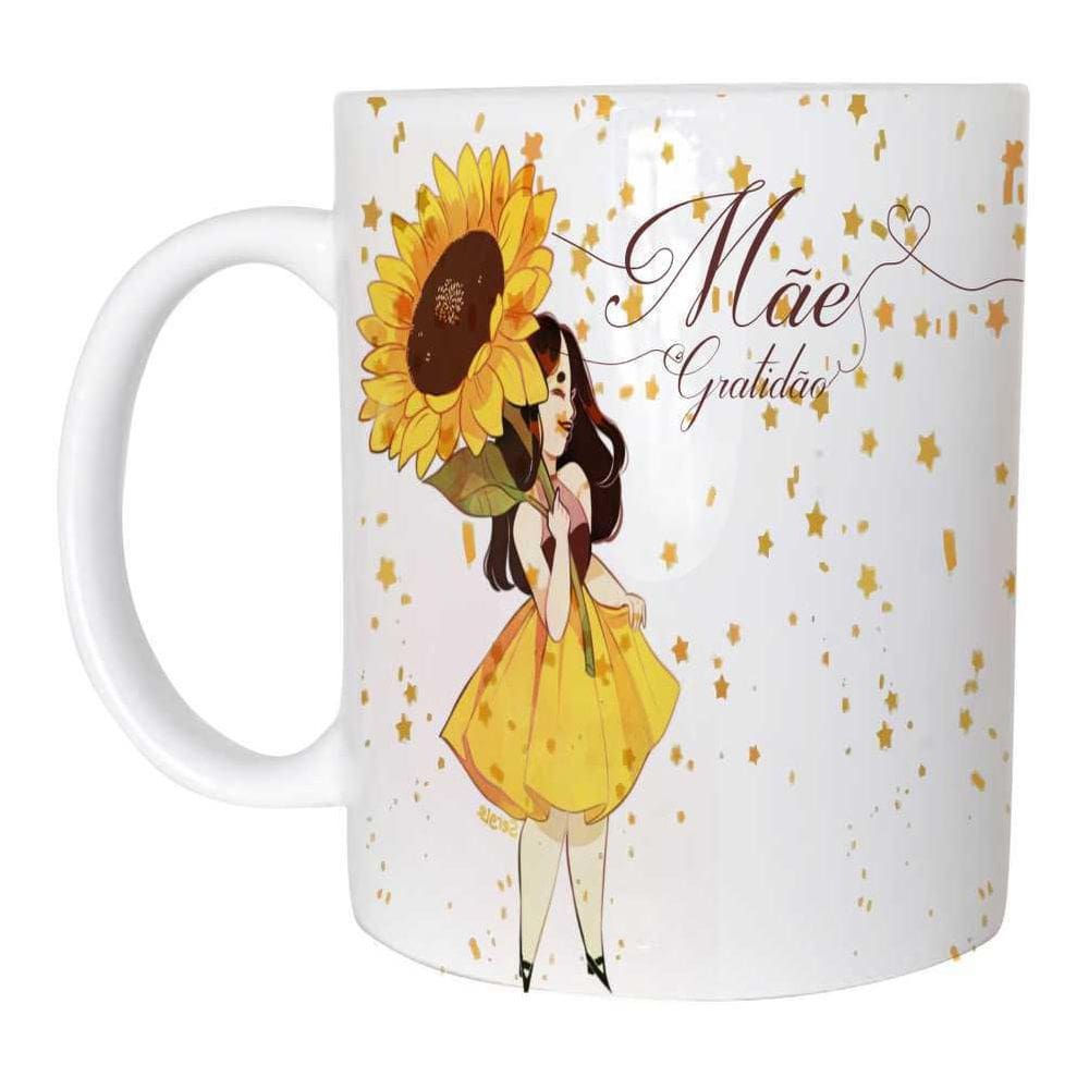 Caneca Polímero - Mãe Gratidão Floral Boneca E Girassol.1