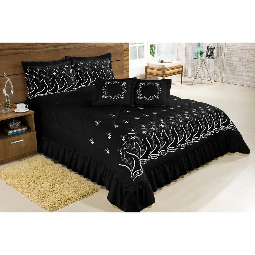 Kit Cobre Leito Queen Desejos 7 Peças Bordado Colcha - Preto