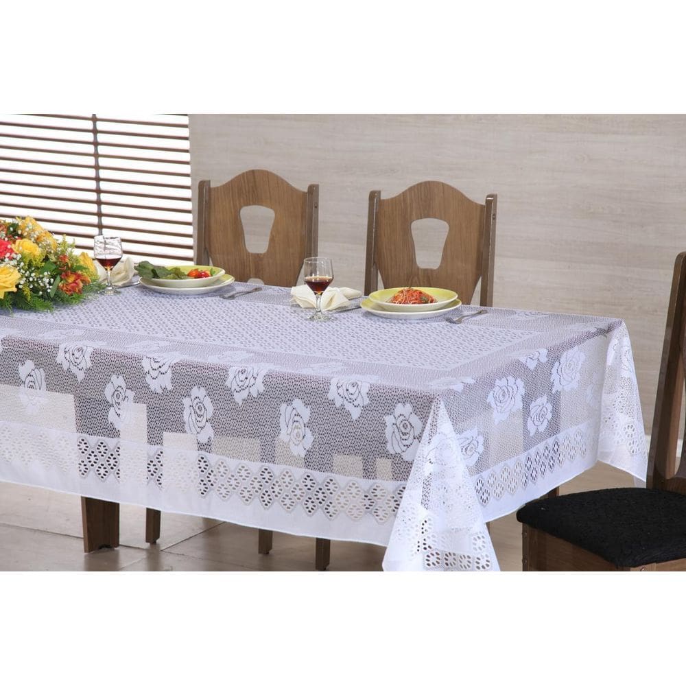 Toalha De Mesa Para 6 Pessoas Cor Branca De Renda Rosas