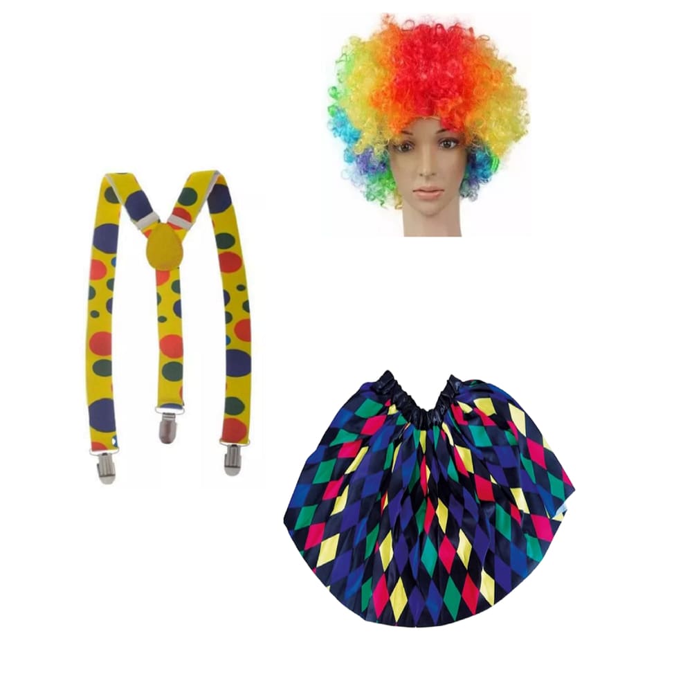 Fantasia De Palhaça C/ Saia 40 Cm Suspensório e Peruca 3pçs Circo Festas
