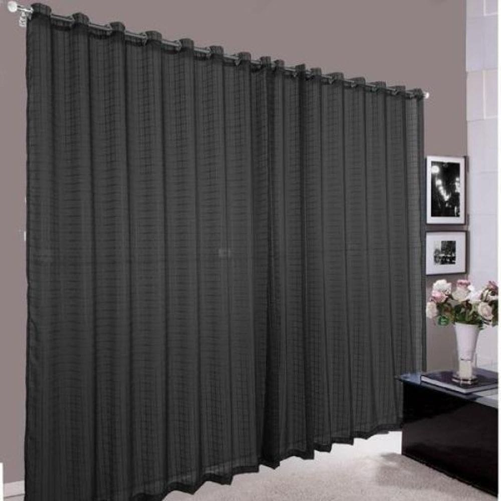 Cortina Para Sala Quarto Voal Quadriculado Preto 2,00X1,70M