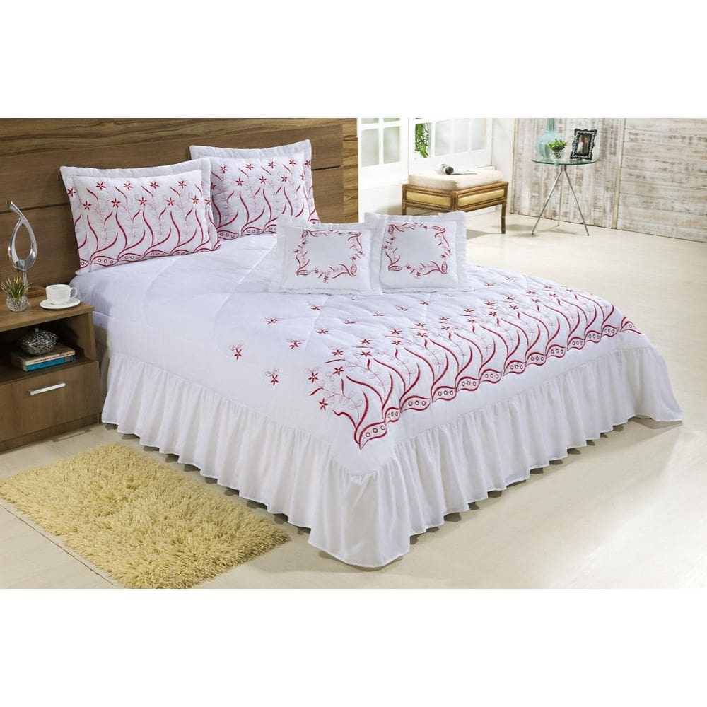 Kit Cobre Leito Casal King Desejos 7 Peças Branco Vermelho
