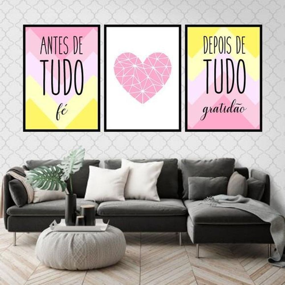 Kit 3 Quadros Fé Rosa Amarelo Coração 45X34 Com Vidro Preta