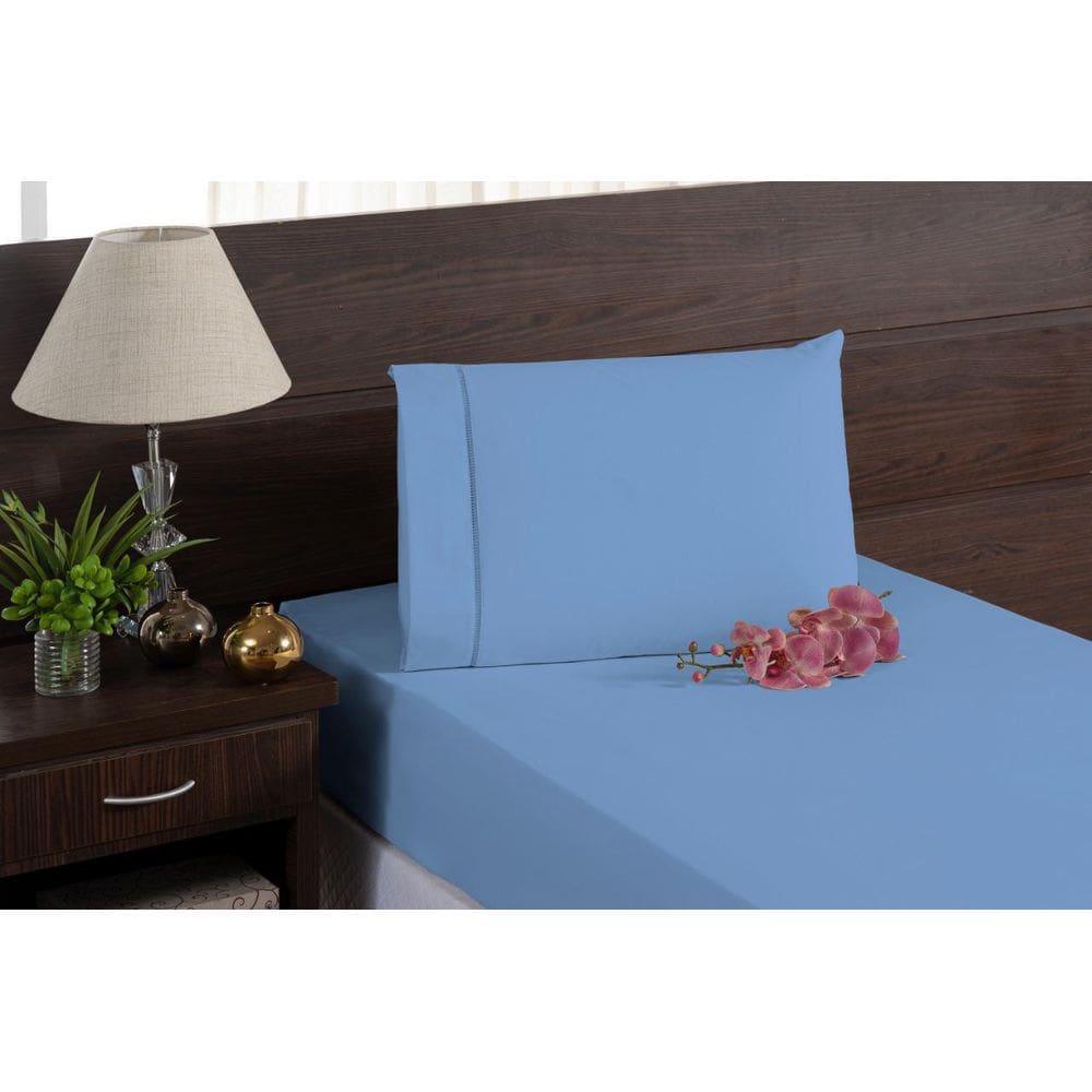 Lençol Solteiro Micropercal 400 Fios 2 Peças Azul Elástico