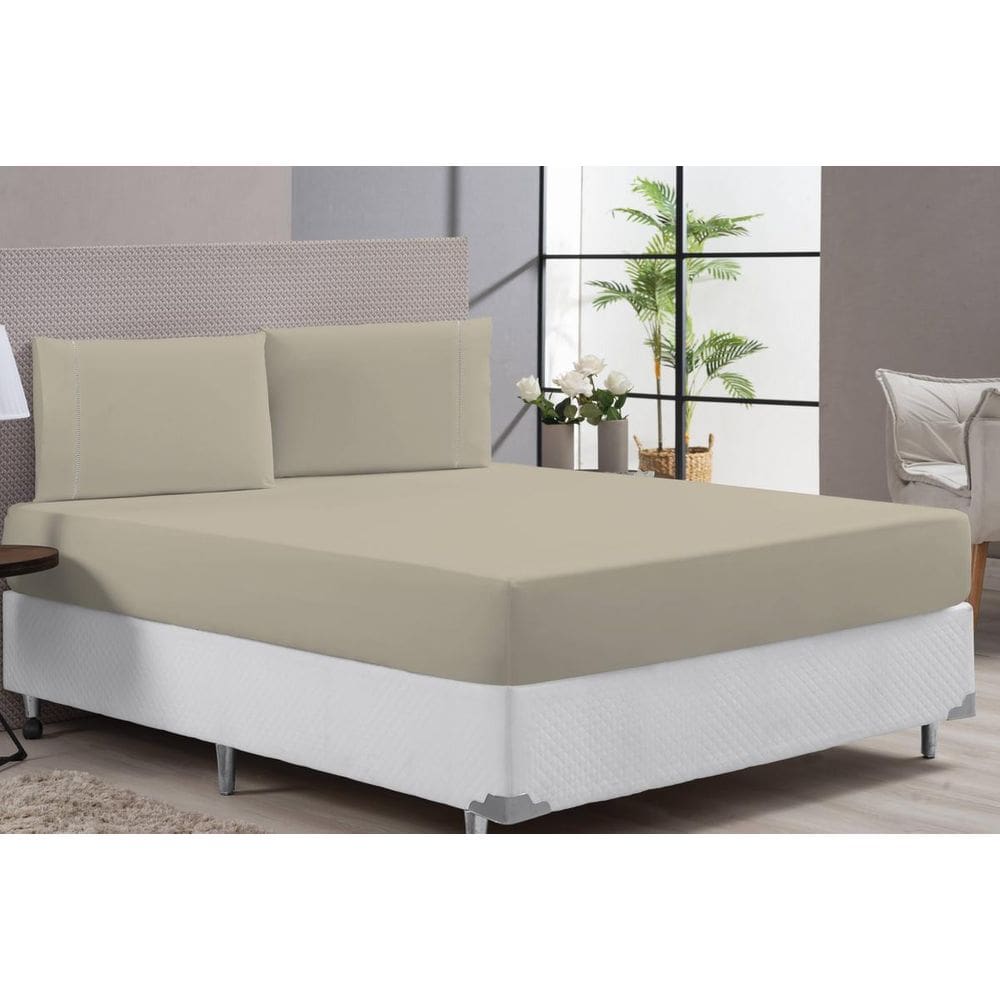 Lençol Macio Cama Casal Queen 400 Fios Cáqui 3 Peças