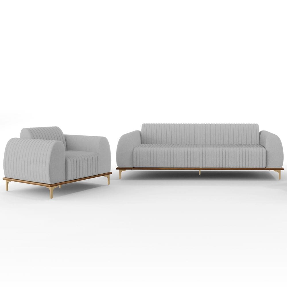 Kit Sofá 3 Lugares Sala Estar 180cm E Poltrona Molino Pés D`ouro D02 Linho Cinza D-315 - Lyam Decor