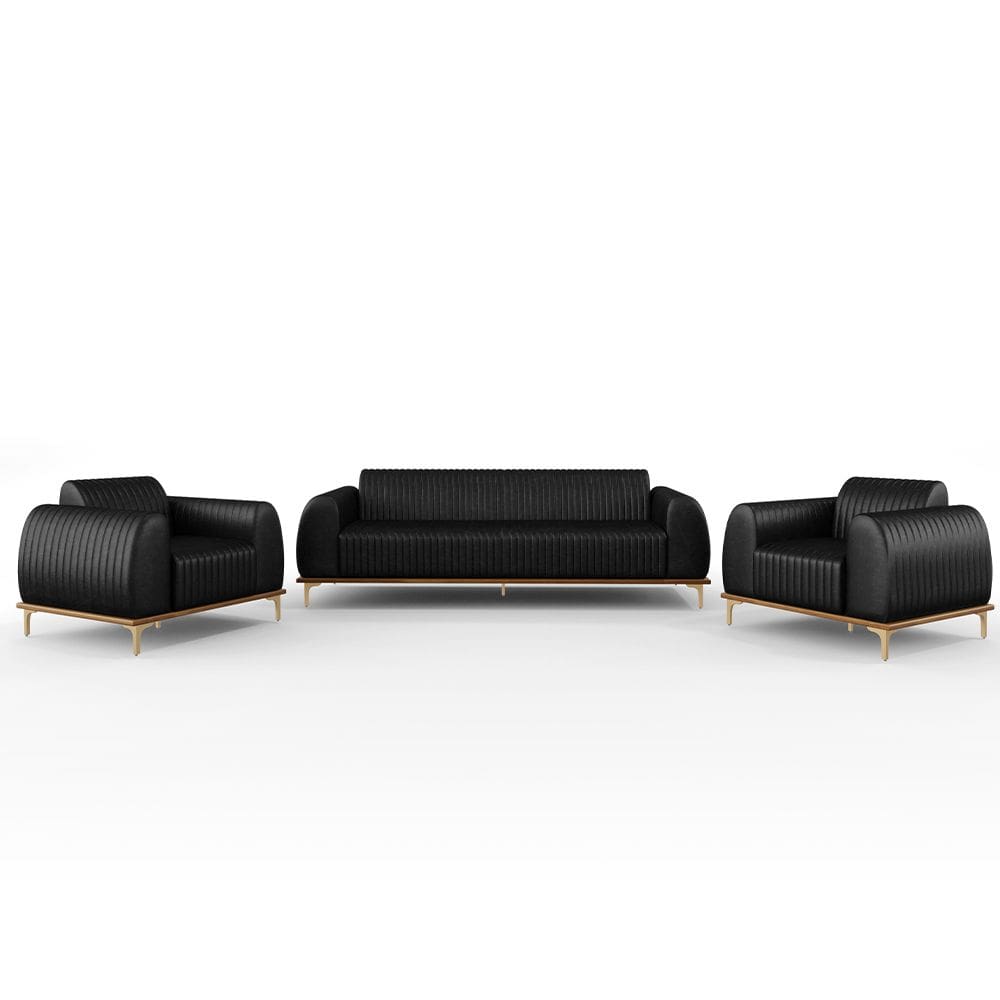 Kit Sofá 2 Lugares 150cm Com 2 Poltronas Molino Pés D`ouro D02 Couríssimo Preto B-159 - Lyam Decor