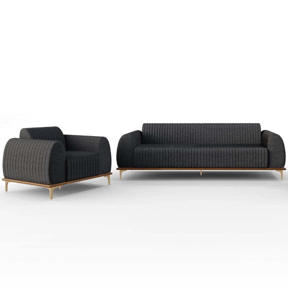 Kit Sofá 2 Lugares 150cm Com Poltrona Molino Pés D`ouro D02 Linho Cinza Escuro A-420 - Lyam Decor