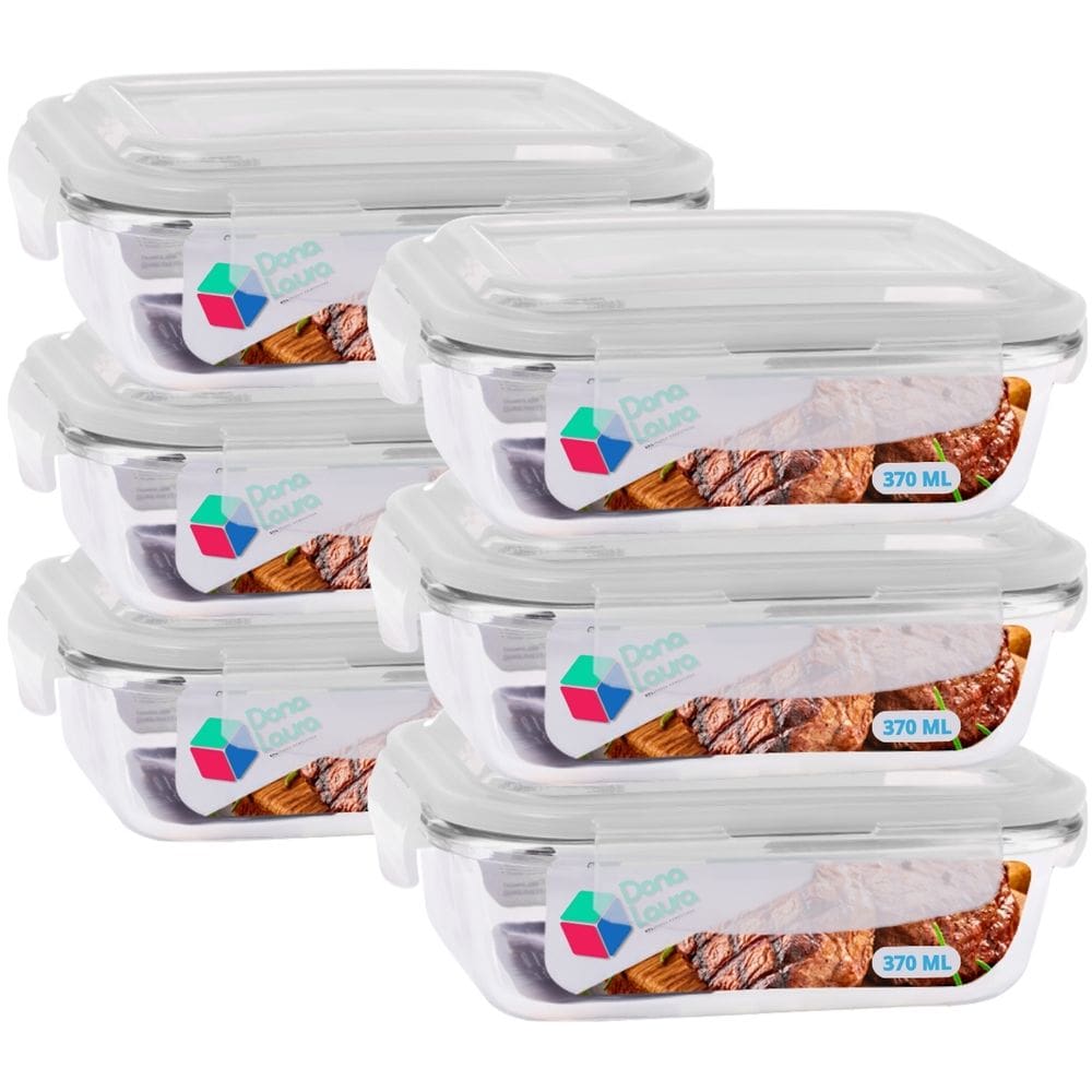 Kit 6 Potes De Vidro Retangular 370ml Marmita Fitness Frutas
