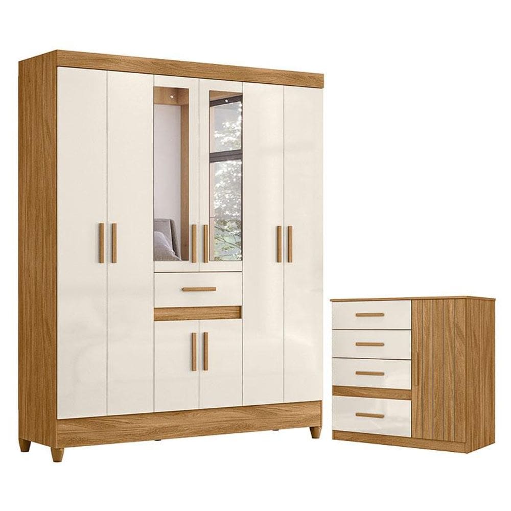 Guarda Roupa Casal Portugal com Espelho e Cômoda Vênus Freijó Off White - Moval