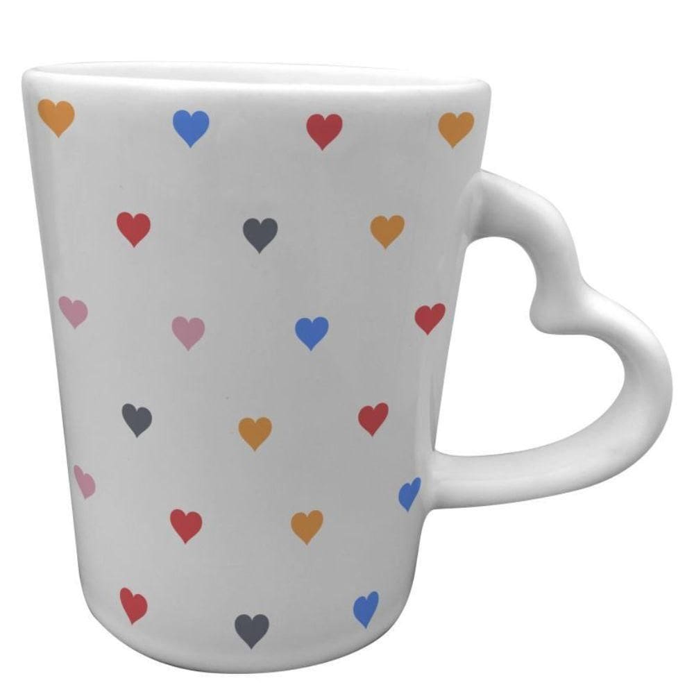 Caneca Cerâmica 270Ml Branca Alça E Estampa Coração Colorido