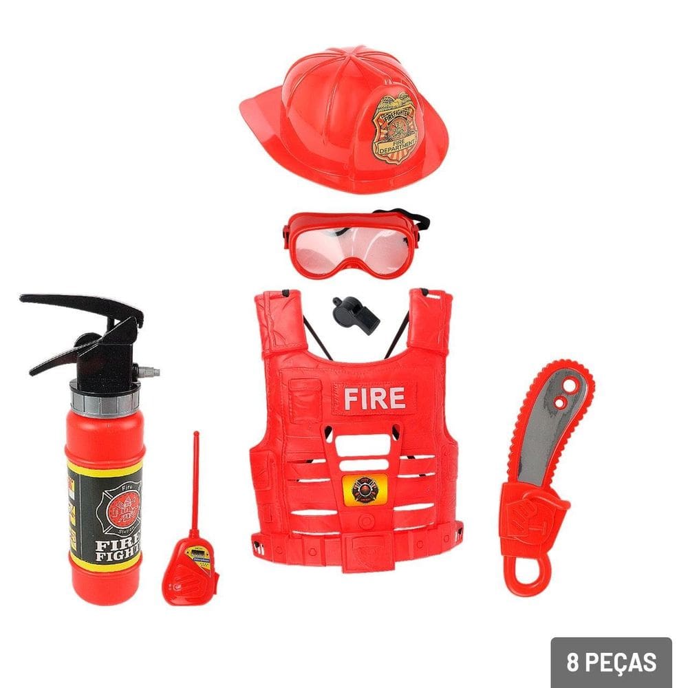 KIT Bombeiro Infantil 08 Peças Colete e Acessórios - Tudo em Caixa