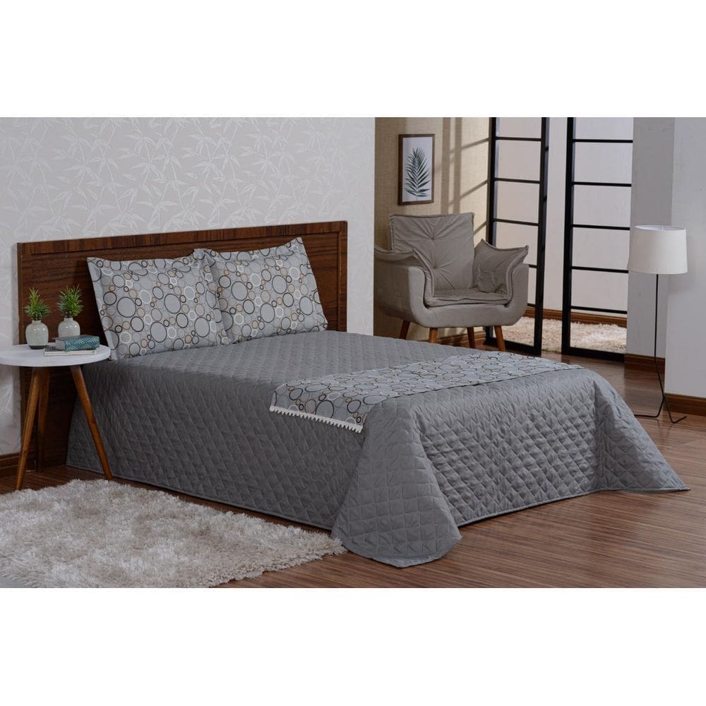 Cobre Leito Com Xale Estampado 4 Peças Valencia Cinza Queen