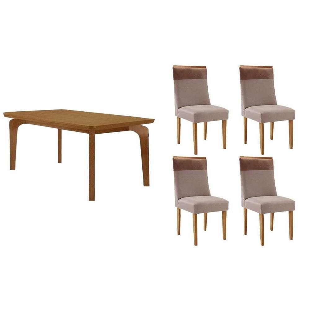 Sala de Jantar Completa Londrina c/ Tampo Madeirado Canto Curvo 120x80cm e 4 Cadeiras Jaspe Naturale - Linho Capuccino - Rufato