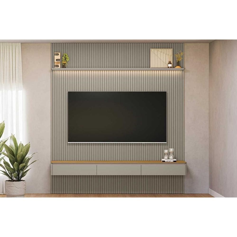 Home p/ TV até 85 Pol Modular 2.2 Ripado c/ 2 Portas 1 Prat. 219x250cm Tauari/Gris Fosco - Linea Brasil