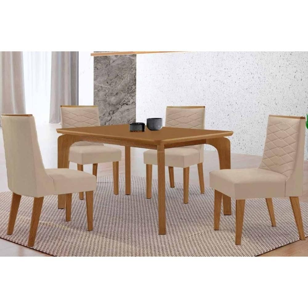 Sala de Jantar Completa Londrina c/ Tampo Madeirado Canto Curvo 120x80cm e 4 Cadeiras Maldivas Naturale - Suede Creme - Rufato
