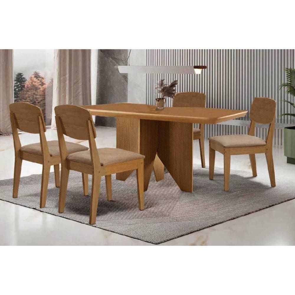 Sala de Jantar Completa Nevada c/ Tampo Madeirado Canto Curvo 120x80cm e 4 Cadeiras Havana Naturale - Linho Bege - Rufato