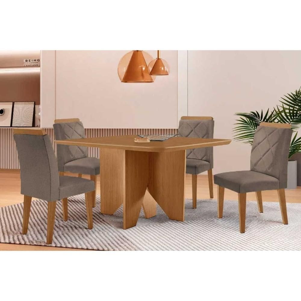 Sala de Jantar Completa Nevada c/ Tampo Madeirado Canto Curvo 90x90cm e 4 Cadeiras Pietá Naturale - Corano Capuccino - Rufato