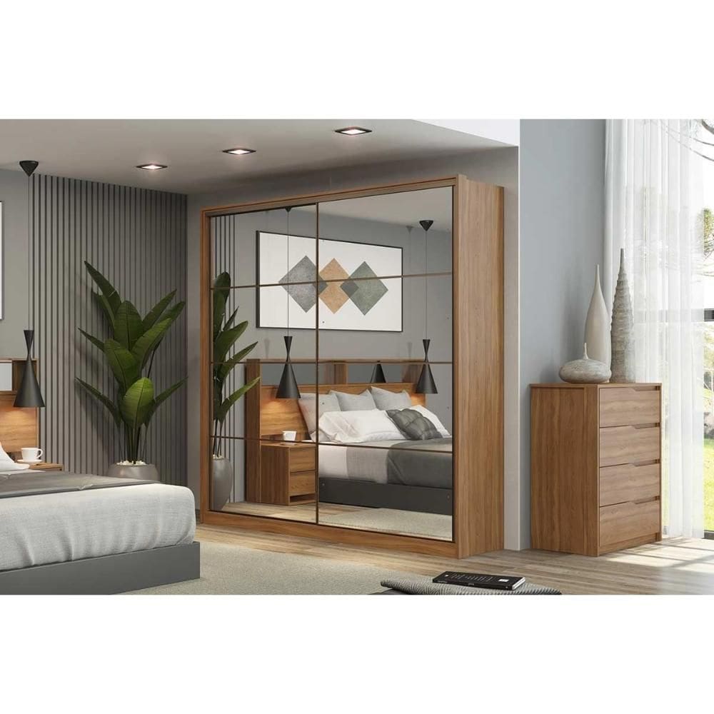 Guarda Roupa Casal 2 Portas de Correr c/ Espelho e 3 Gavetas Belga Amêndola Touch - Demóbile