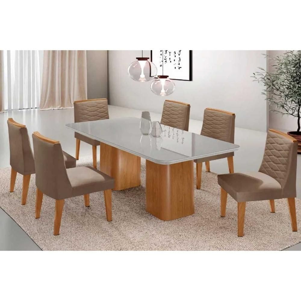 Sala de Jantar Completa Maldivas c/ Tampo Madeirado c/ Vidro Canto Curvo 180x90cm e 6 Cadeiras Maldivas Naturale/Off White - Suede Capuccino - Rufato