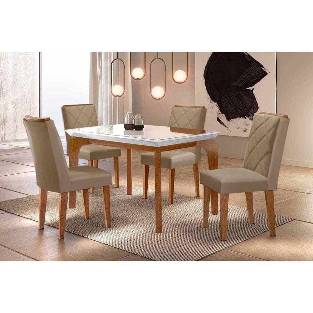Sala de Jantar Completa Londrina c/ Tampo Madeirado c/ Vidro Canto Curvo 120x80cm 4 Cadeiras Pietá Naturale/Off White - Linho Bege - Rufato