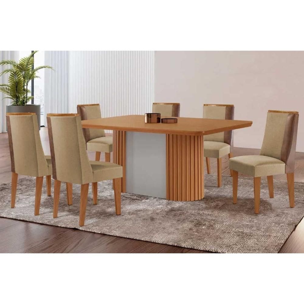 Sala de Jantar Completa Pilar c/ Tampo Madeirado Canto Curvo 180x90cm e 6 Cadeiras Tilia Naturale/Off White - Linho Bege - Rufato