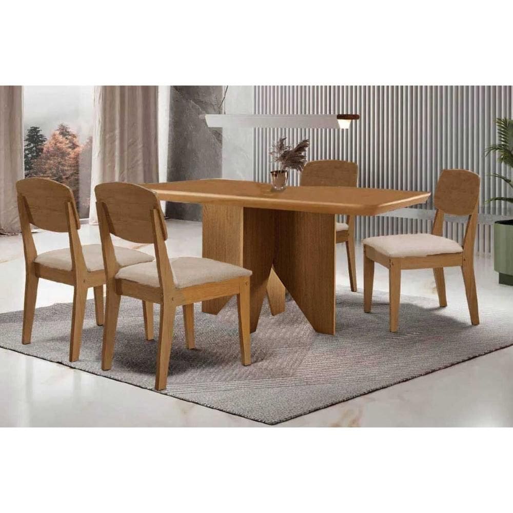 Sala de Jantar Completa Nevada c/ Tampo Madeirado Canto Curvo 120x80cm e 4 Cadeiras Havana Naturale - Suede Creme - Rufato