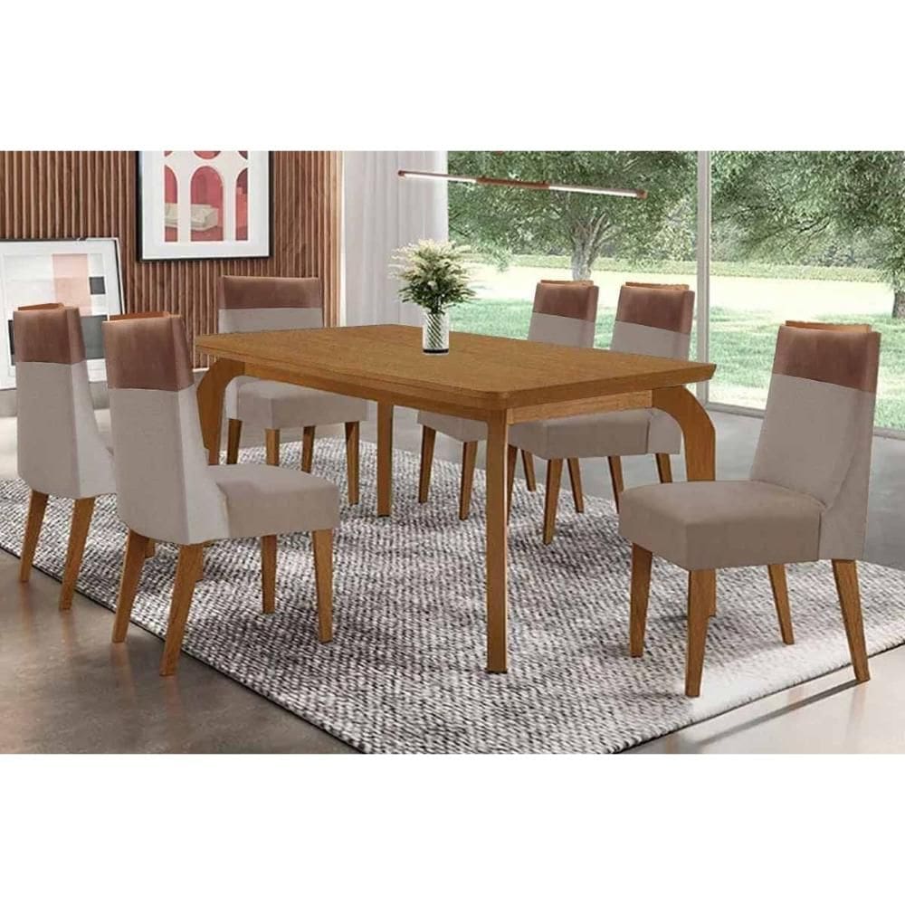 Sala de Jantar Completa Londrina c/ Tampo Madeirado Canto Curvo 180x90cm e 6 Cadeiras Jaspe Naturale - Suede Capuccino - Rufato
