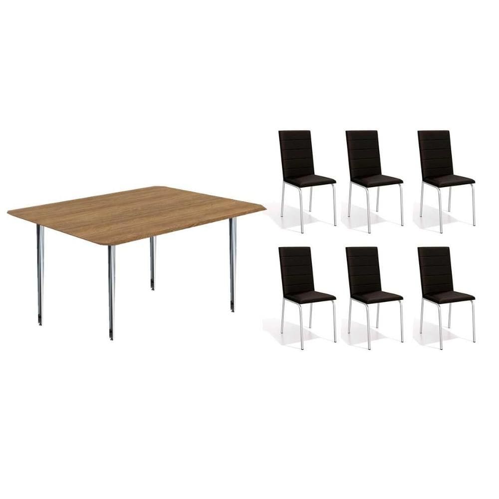Sala de Jantar Completa Iguaçu c/ Tampo de Madeira 1,60cm + 6 Cadeiras Amsterdã Cromada - Corano Preto - Kappesberg