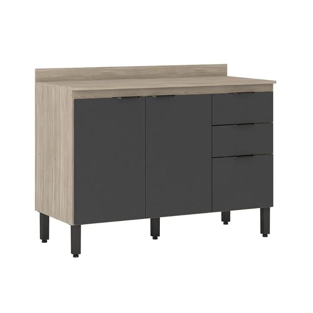 Balcão de Cozinha c/ Tampo Firenze c/ 3 Portas e 2 Gavetas 120cm Avena/Grafito - Demóbile