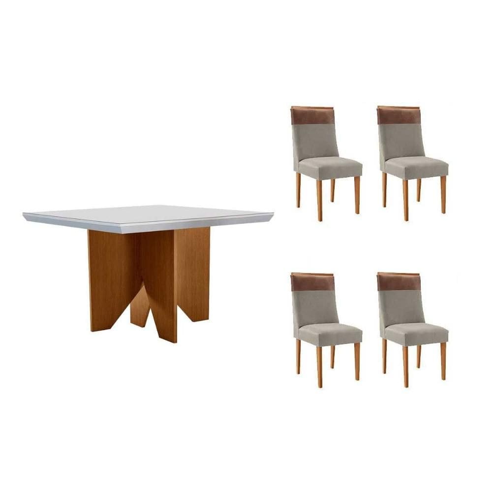 Sala de Jantar Completa Nevada c/ Tampo Madeirado c/ Vidro Canto Curvo 90x90cm e 4 Cadeiras Jaspe Naturale/Off White - Suede Capuccino - Rufato
