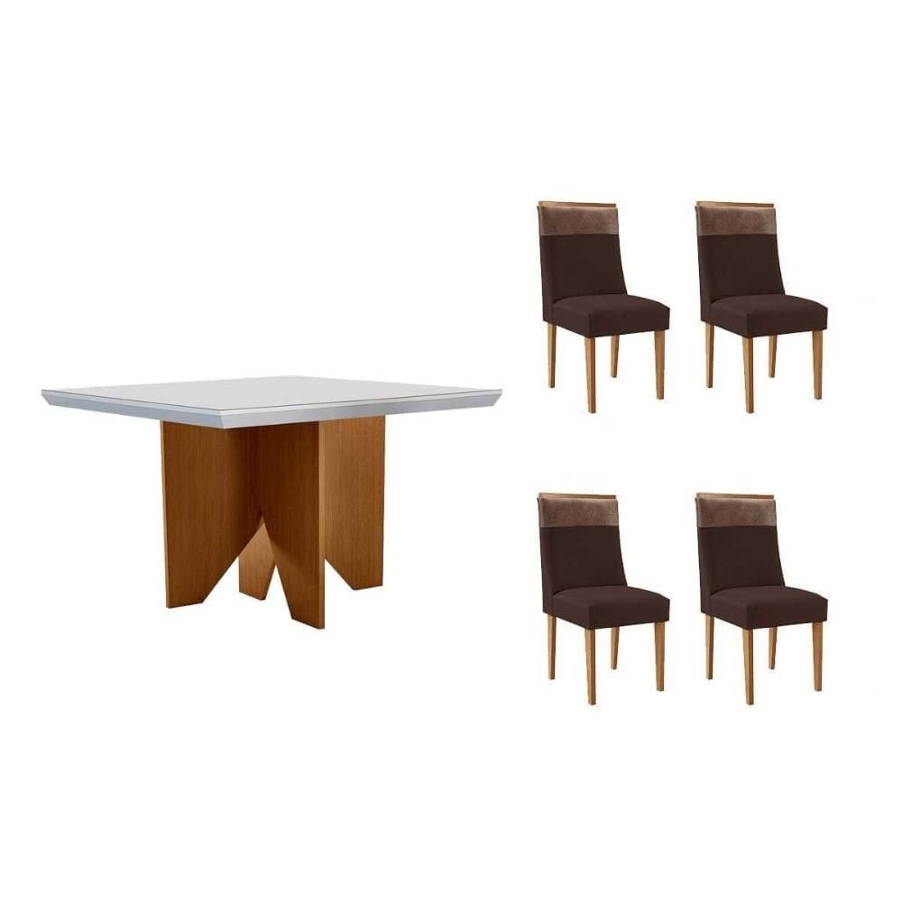 Sala de Jantar Completa Nevada c/ Tampo Madeirado c/ Vidro Canto Curvo 90x90cm e 4 Cadeiras Jaspe Naturale/Off White - Suede Marrom - Rufato
