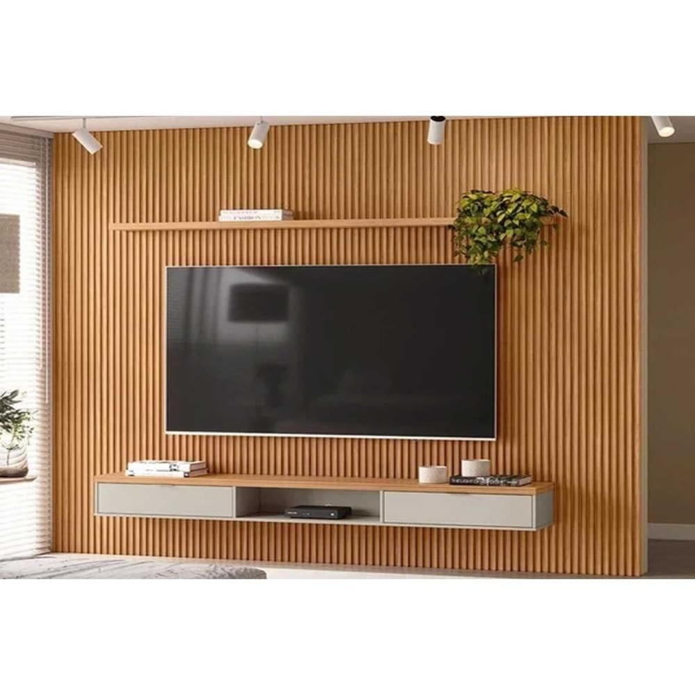 Home p/ TV até 100 Pol Modular 3.0 Ripado c/ 2 Portas 1 Prat. 297x250cm Nature/Off White - Linea Brasil