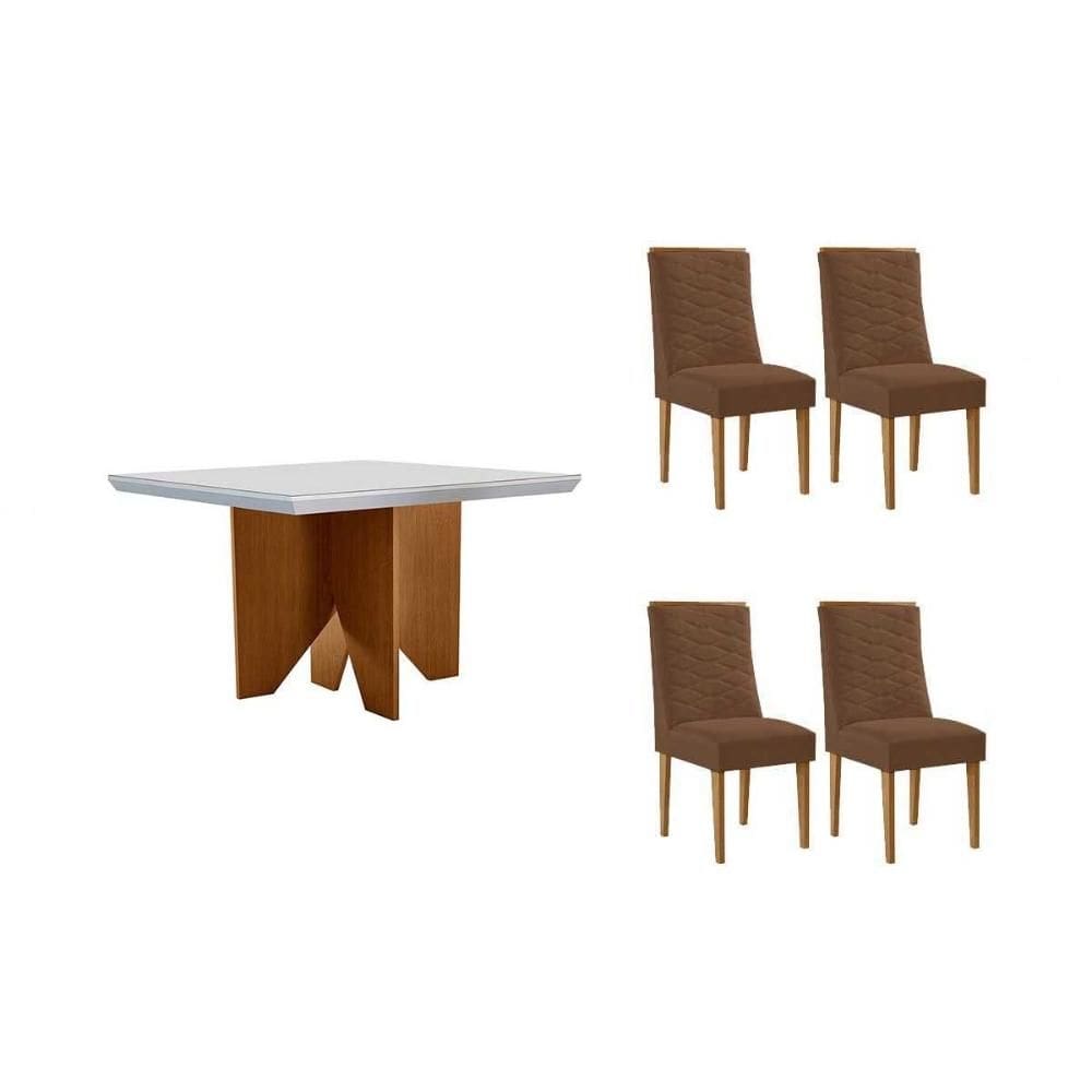 Sala de Jantar Completa Nevada c/ Tampo Madeirado c/ Vidro Canto Curvo 90x90cm e 4 Cadeiras Maldivas Naturale/Off White - Suede Marrom - Rufato