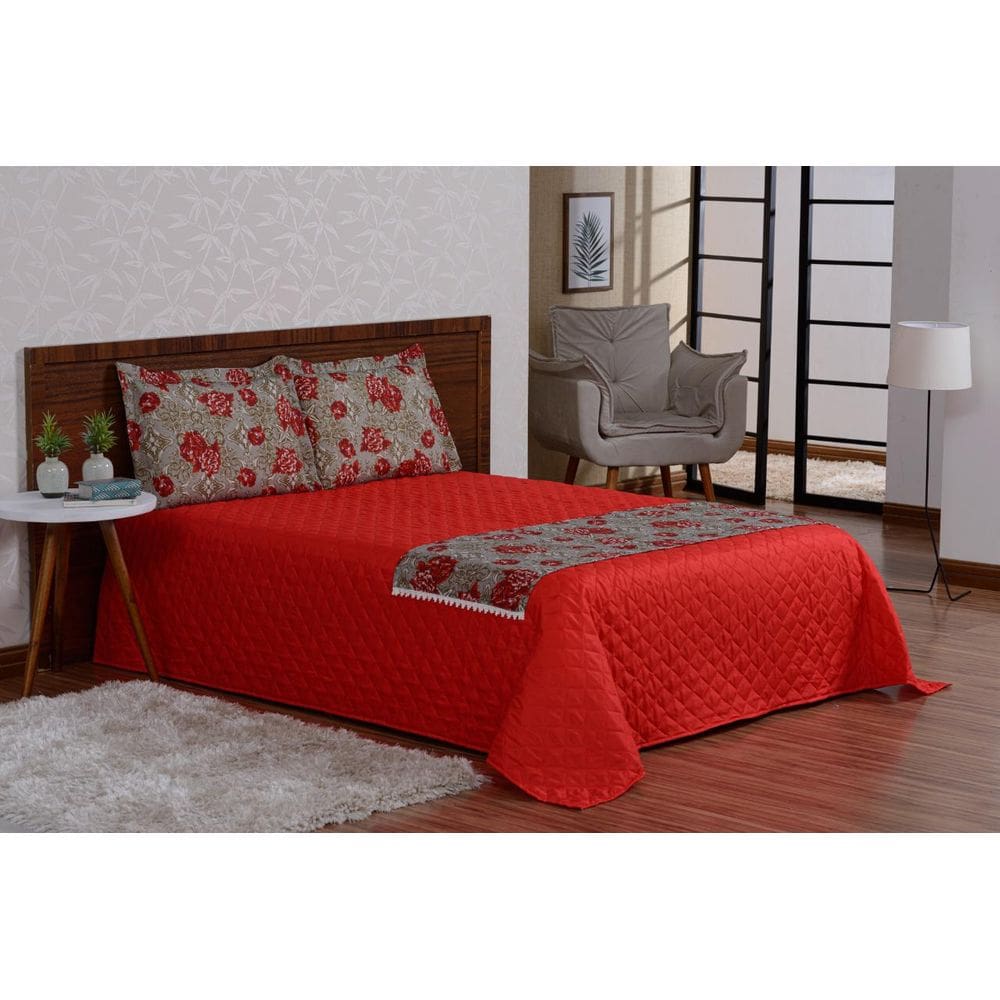 Jogo De Cama Com Lençol Fronhas E Xale 5Peças Vermelho Casal