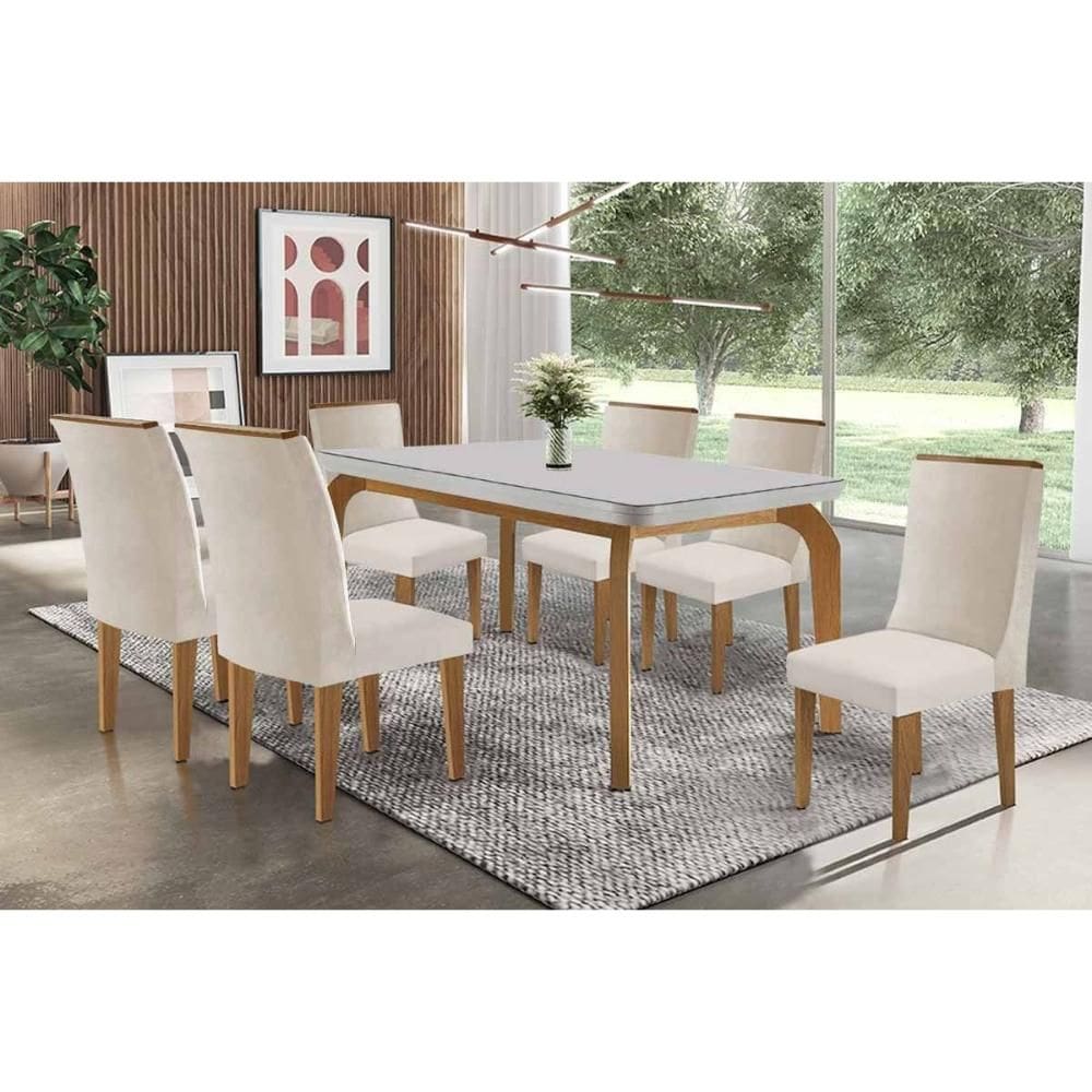 Sala de Jantar Completa Londrina c/ Tampo Madeirado c/ Vidro Canto Curvo 180x90cm e 6 Cadeiras Dakota Naturale/Off White - Suede Creme - Rufato