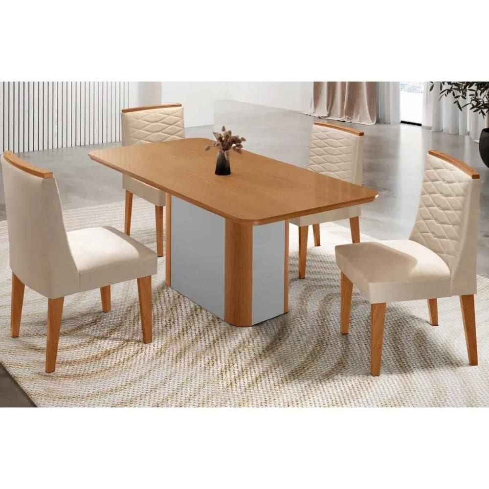 Sala de Jantar Completa Pietá c/ Tampo Madeirado Canto Curvo 120x80cm e 4 Cadeiras Maldivas Naturale/Off White - Suede Creme - Rufato