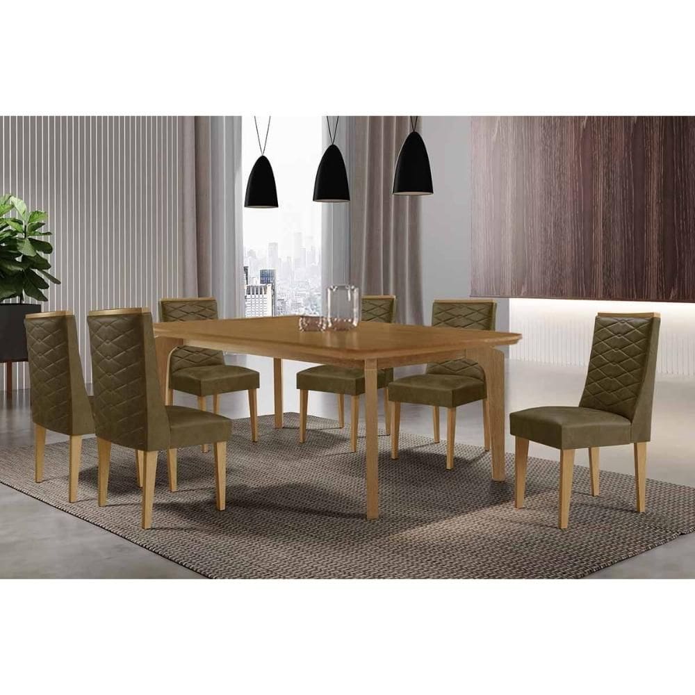 Sala de Jantar Completa Londrina c/ Tampo Madeirado Canto Curvo 180x90cm e 6 Cadeiras Dafne Naturale - Linho Capuccino - Rufato