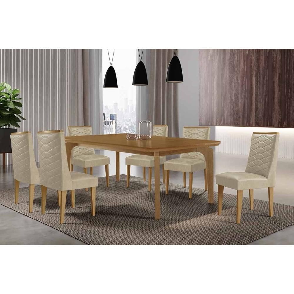 Sala de Jantar Completa Londrina c/ Tampo Madeirado Canto Curvo 180x90cm e 6 Cadeiras Dafne Naturale - Linho Bege - Rufato