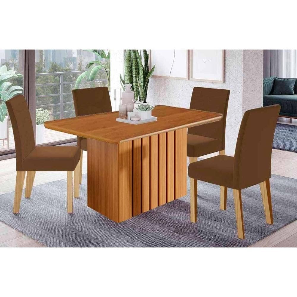 Sala de Jantar Completa Ana Tampo Madeirado 130x80cm e 4 Cadeiras Maia Cinamomo - Cinamomo/Suede Mascavo Chocolate - Cimol