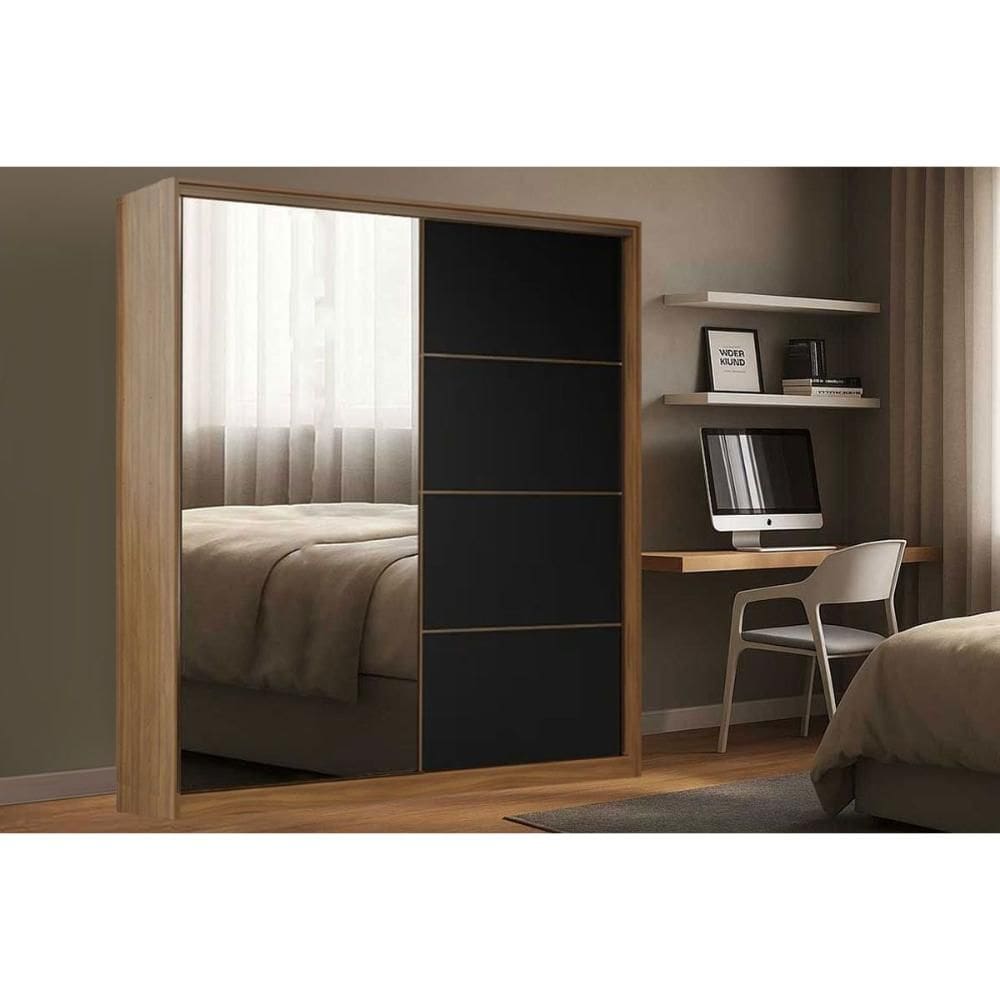 Guarda Roupa Casal 2 Portas de Correr (1 c/ Espelho) e 3 Gavetas Belga Nogueira Touch/Preto Prime - Demóbile