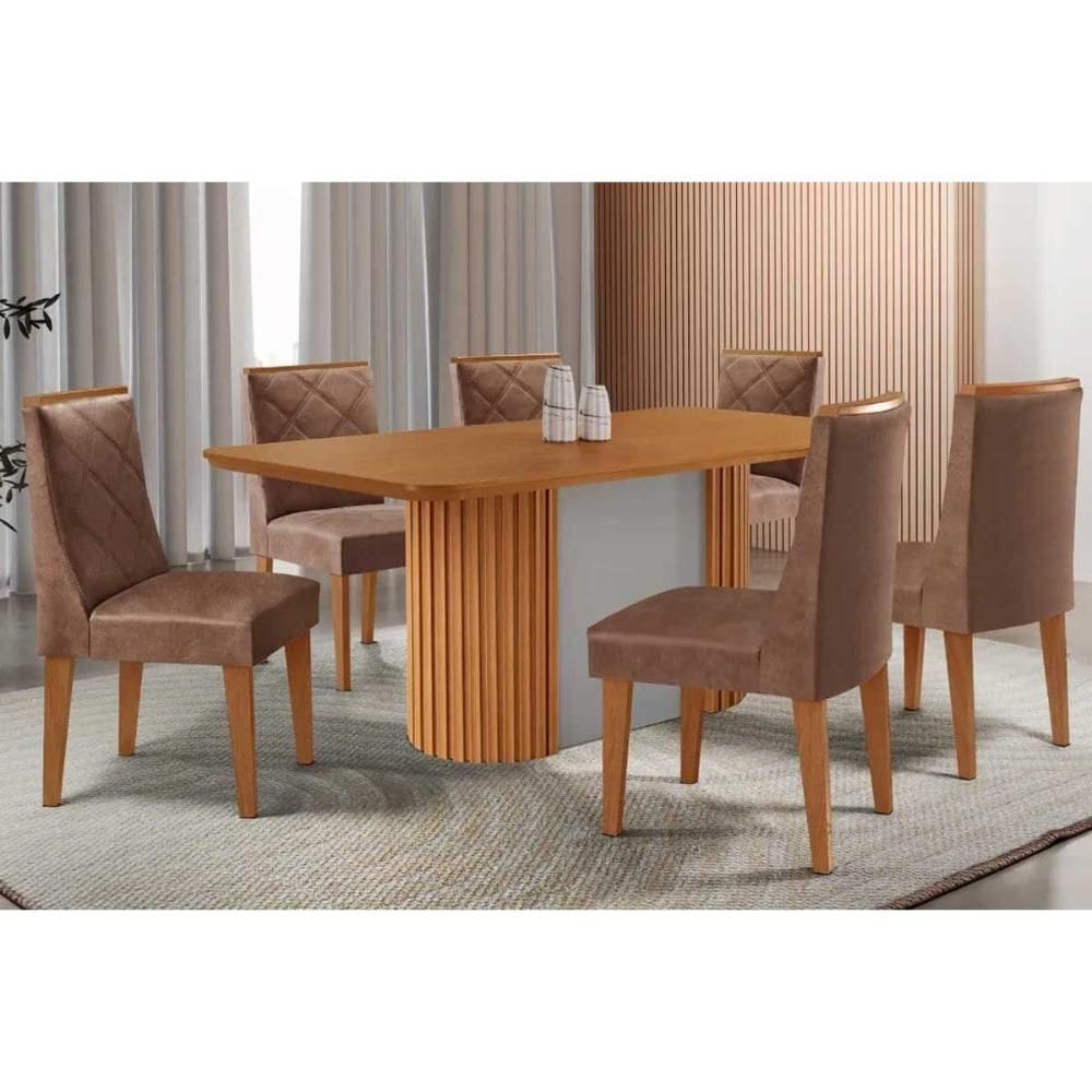 Sala de Jantar Completa Pilar c/ Tampo Madeirado Canto Curvo 180x90cm e 6 Cadeiras Pietá Naturale/Off White - Corano Capuccino - Rufato